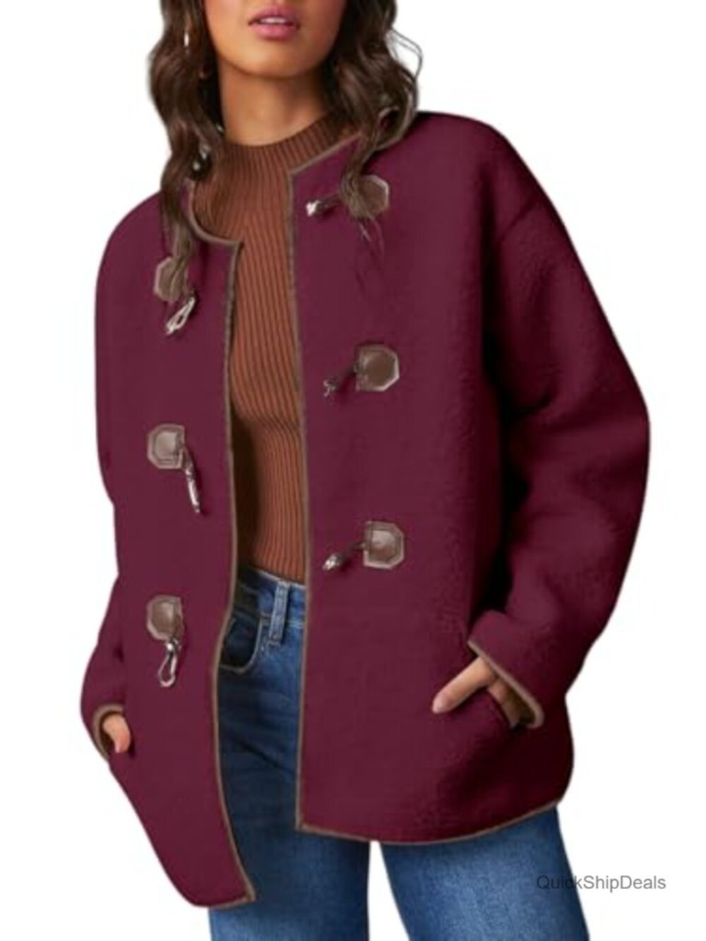 Women's Faux Shearling Button Jacket Oversized Color Block Sherpa Coat